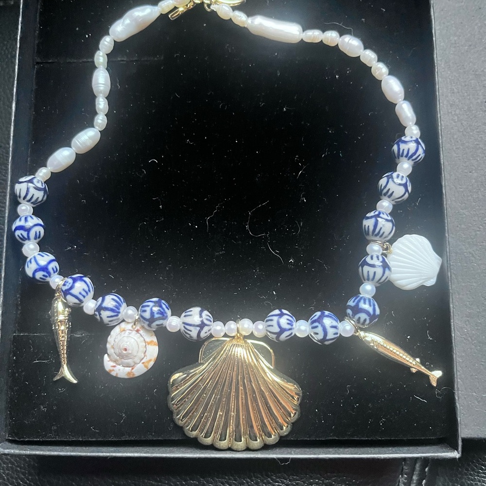 Gold and Blue Shell Charm Necklace